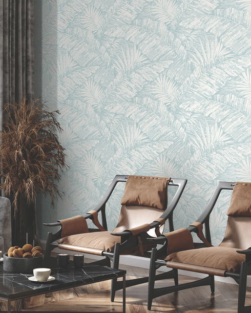 Palm Cove Toile White & Blue Wallpaper