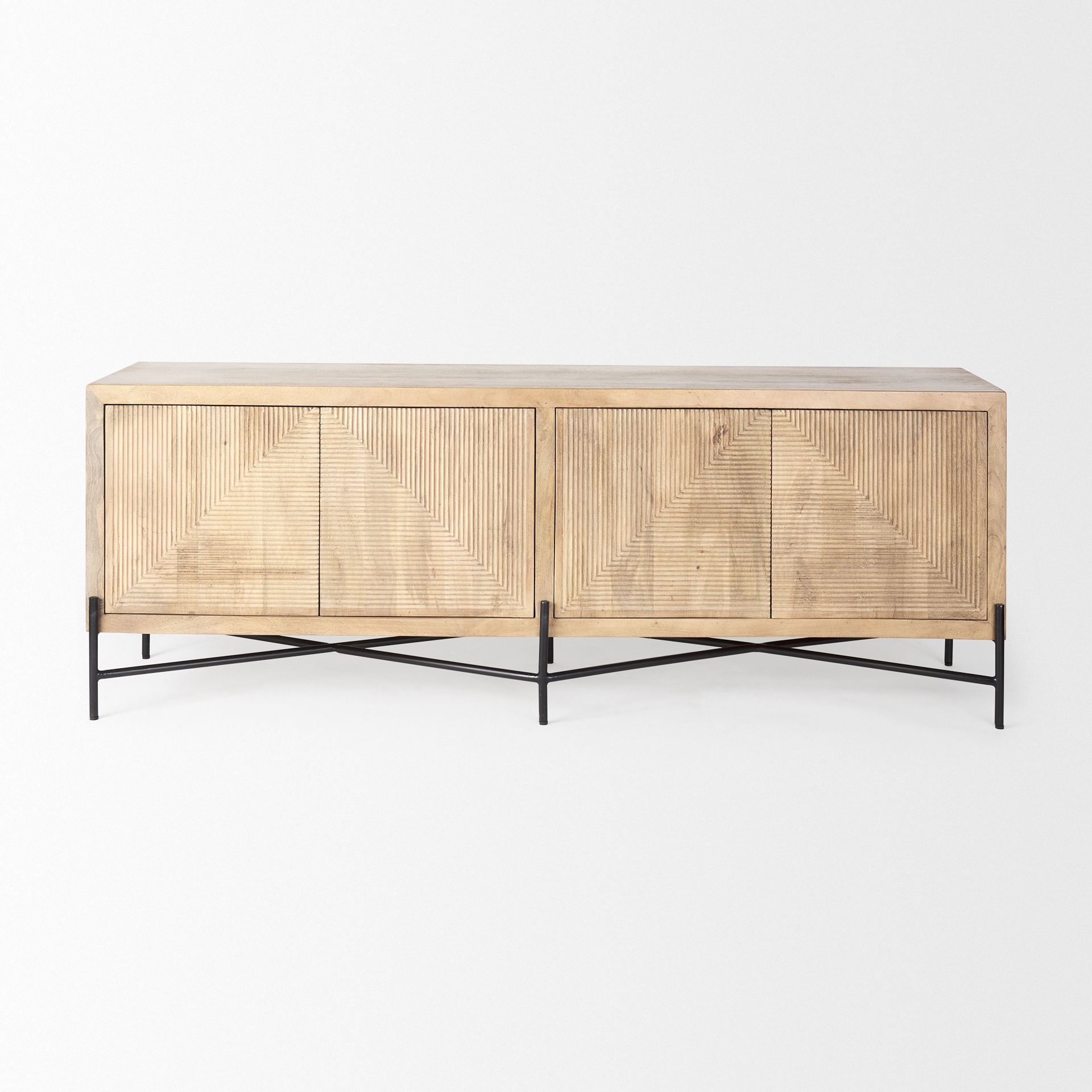 Cairo 78x19 Brown Solid Wood Black Metal Base 4 Door Cabinet Sideboard, Sideboards & Buffet by Mercana, 78" length x 19.5" width x 28" height View 4