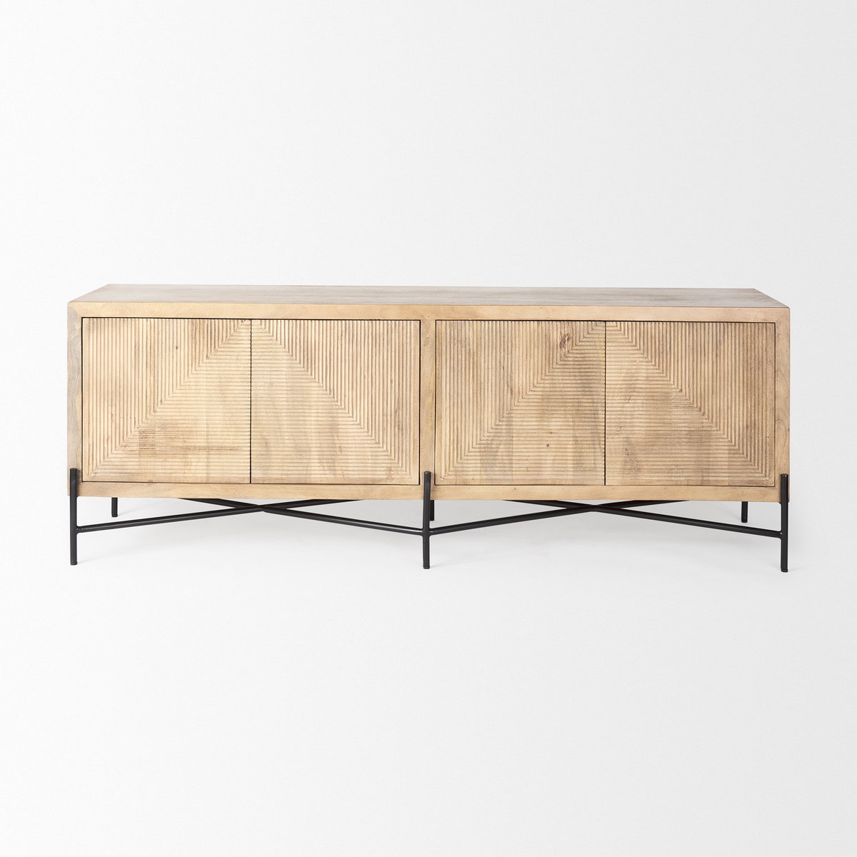 Cairo 78x19 Brown Solid Wood Black Metal Base 4 Door Cabinet Sideboard, Sideboards & Buffet by Mercana, 78" length x 19.5" width x 28" height View 4