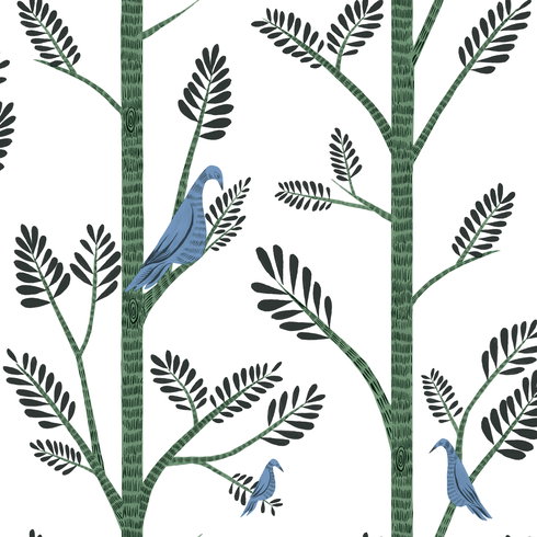 Aviary Branch Blue & Green Peel & Stick Wallpaper