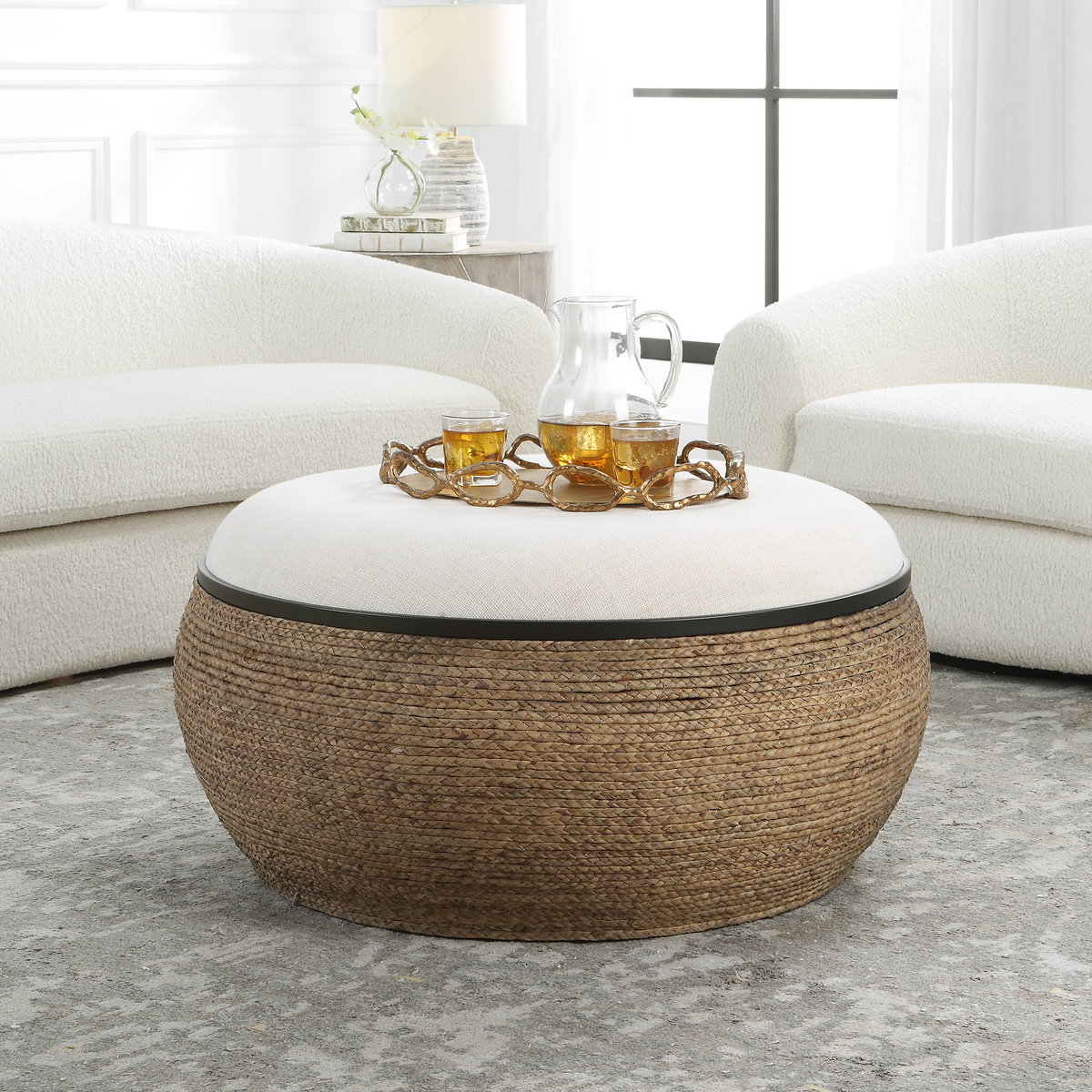 Island Straw Storage Ottoman / Coffee Table, by Uttermost, 36" width x 18.12" height x 36" depth View 2