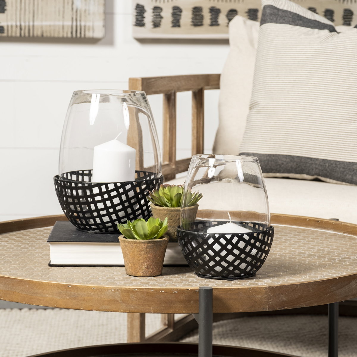 Reena II Large Black Woven Metal Base Table Candle Holder, Candles & Candle Holder by Mercana, 7.68" length x 7.68" width x 9.84" height View 3