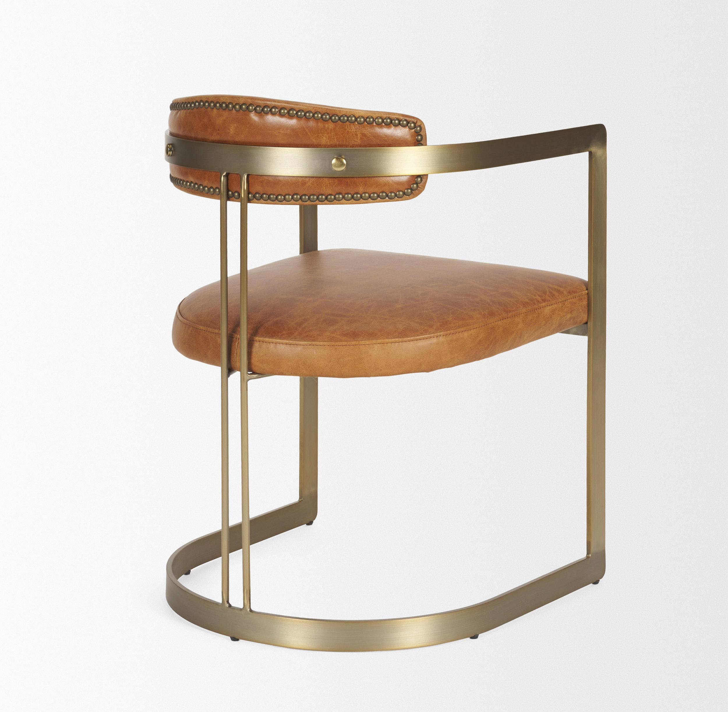 Hollyfield I Brown Leather Seat Gold Iron Frame Dining Chair, by Mercana, 20.5" length x 21.5" width x 29.5" height View 10