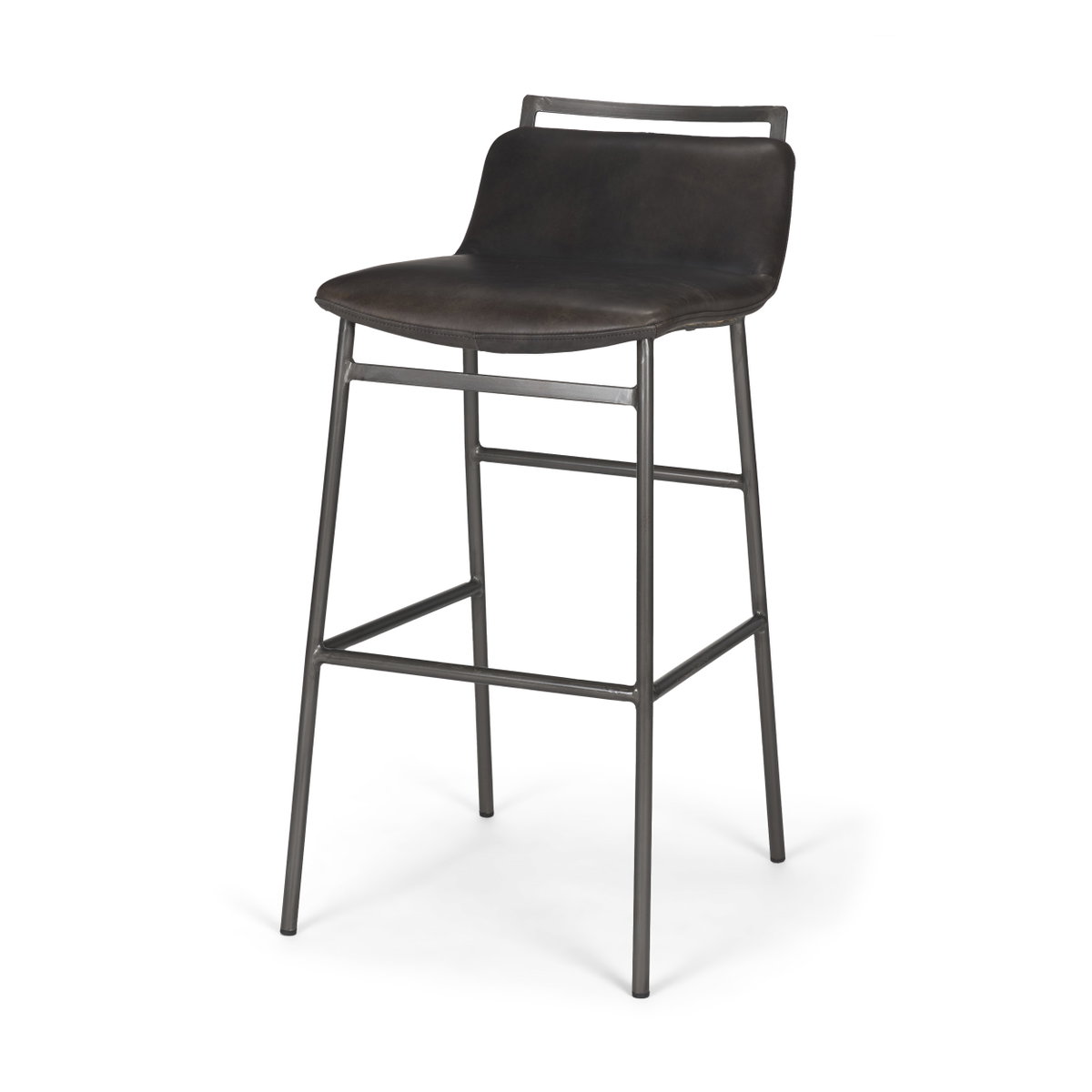 Kavalan Low Back 37.5in Seat Bar Stool | Ebony Leather with Black Metal, Counter & Bar Stool by Mercana, 17.7" length x 20.9" width x 37.5" height View 1