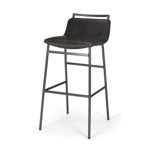 Kavalan Low Back 37.5in Seat Bar Stool | Ebony Leather with Black Metal