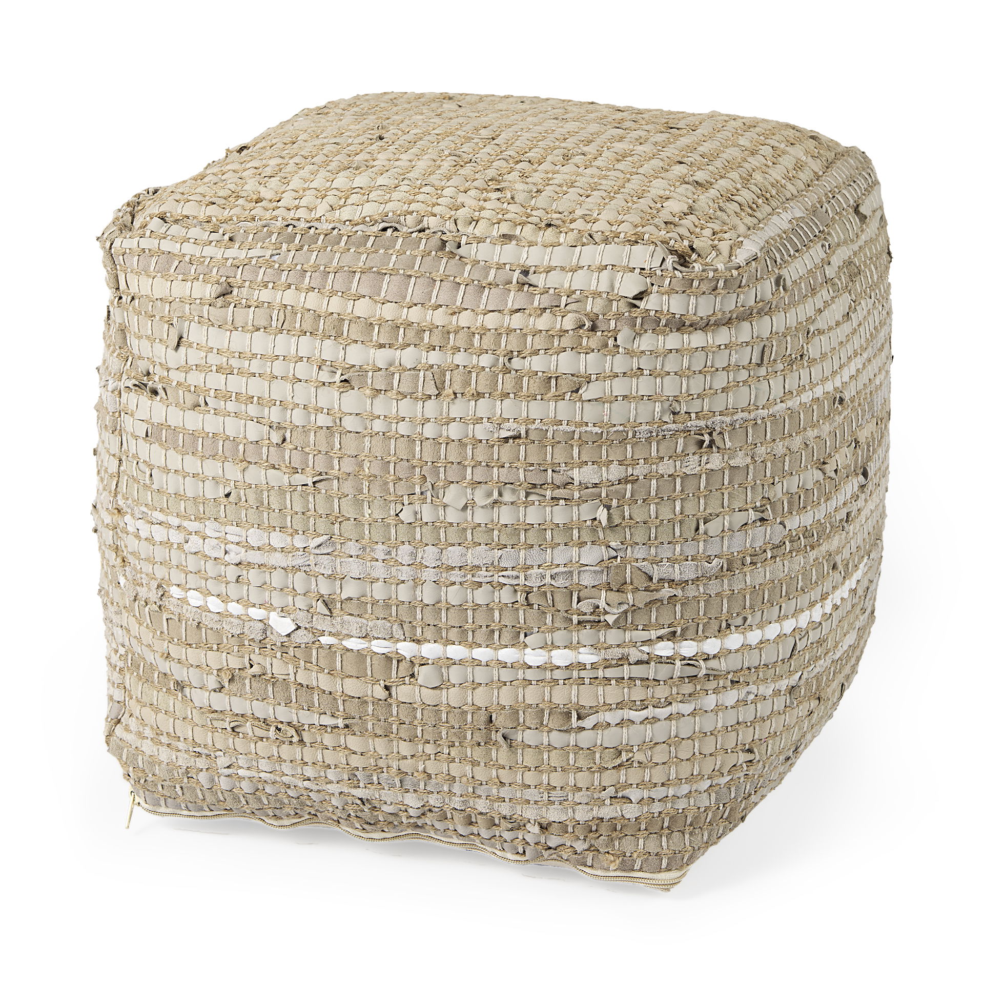 Aalia  Beige Leather and Jute Pouf, Ottoman by Mercana, 16" length x 16" width x 16" height View 1