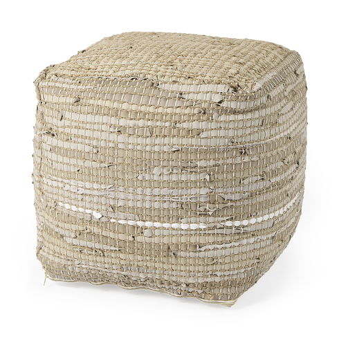 Aalia Beige Leather and Jute Pouf