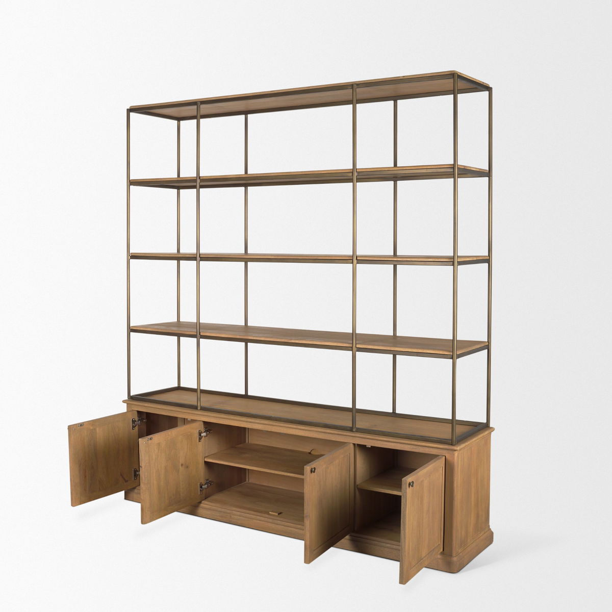 Baron 4-Door Light Brown Wood with Gunmetal Open Shelving Unit, Shelving & Bookcase by Mercana, 81.75" length x 19" width x 90" height View 10
