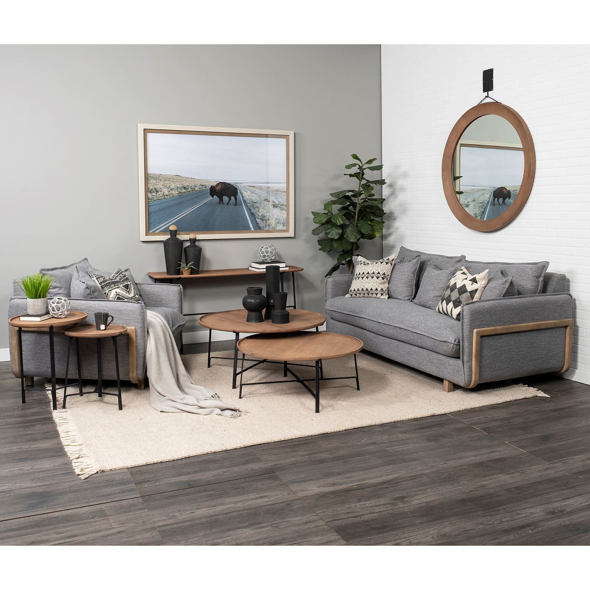 Helios (Set of 2) Brown Solid Wood Top Black Metal Base Nesting Coffee Tables, by Mercana, 41" length x 41" width x 18" height View 2