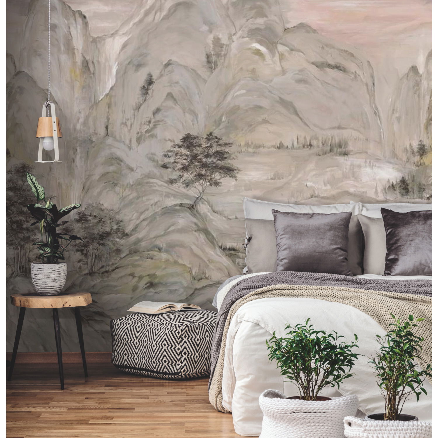 Misty Mountain Taupe Wall Mural large image 