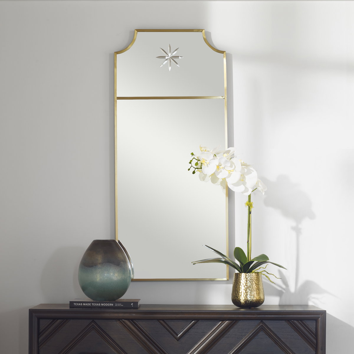 Caddington Tall Brass Mirror, by Uttermost, 18" width x 40" height x 1" depth View 2