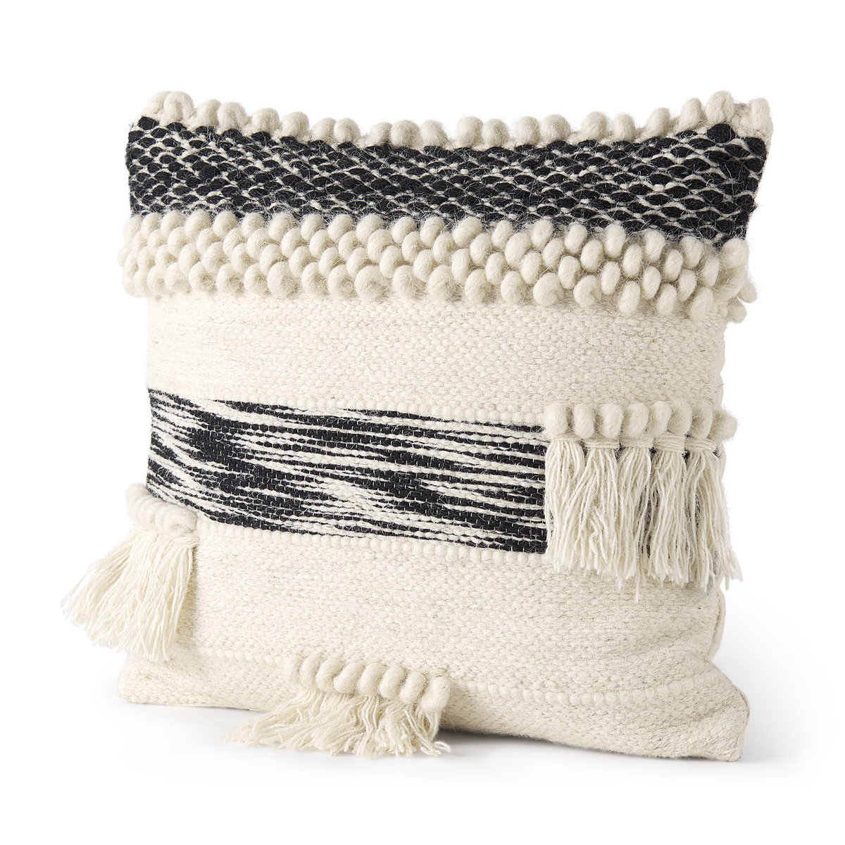 Beardell 18x18 Cream And Black Details With Tassels Pillow Cover, Decorative Pillow by Mercana, 18" length x 18" width x 0.1" height View 1