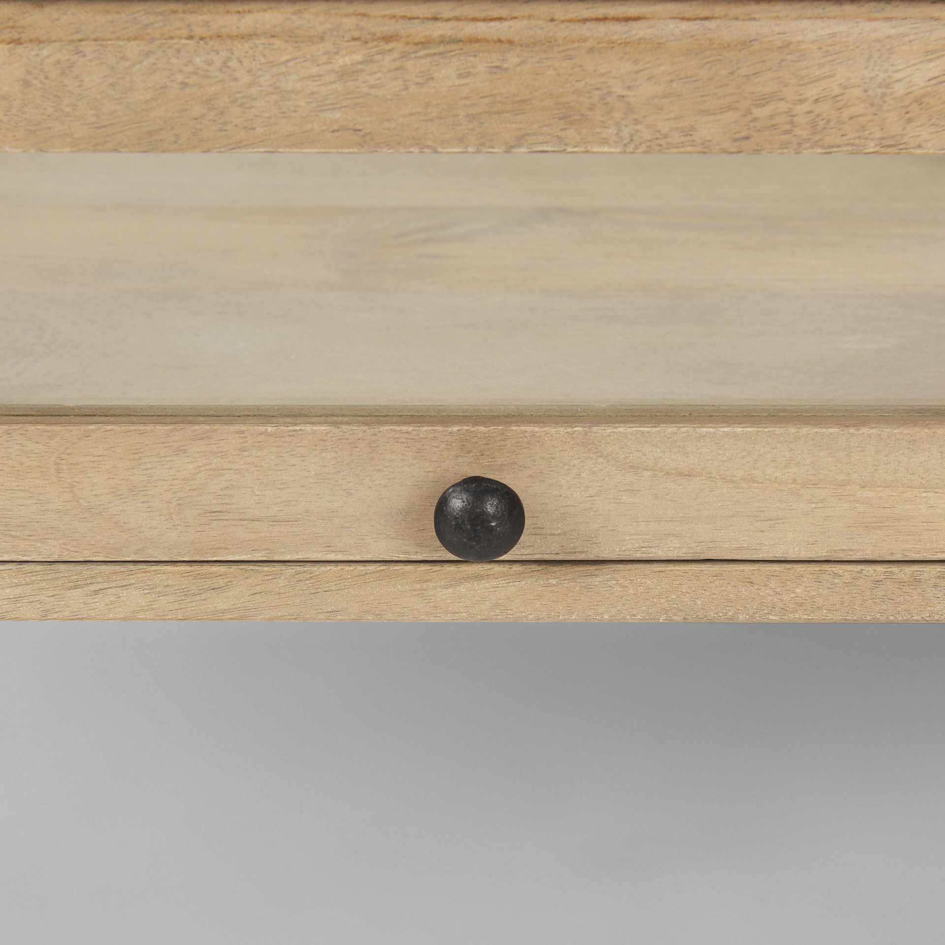 Arelius 42'L Rectangular Light Brown Wood with Black Metal Base Display Coffee Table, by Mercana, 49.5" length x 29.5" width x 15" height View 6