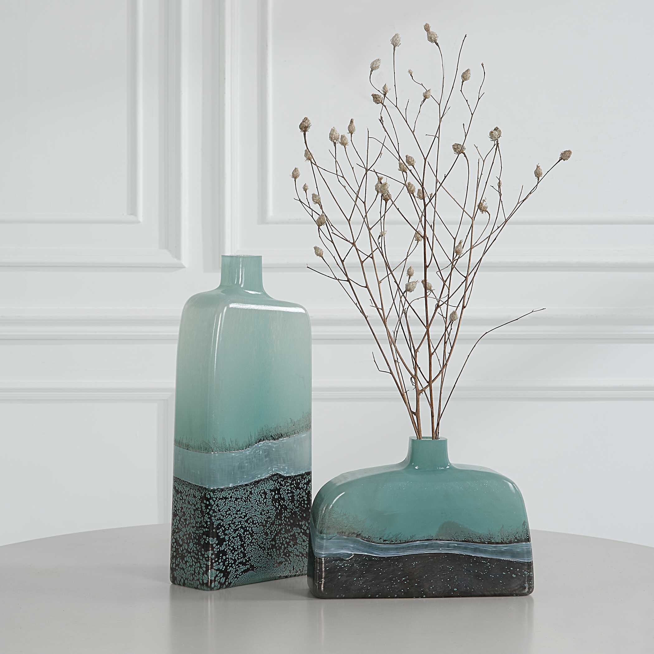 Fuze Aqua & Bronze Vases Set Of 2, Decorative by Uttermost, 6" width x 14.25" height x 3" depth View 3