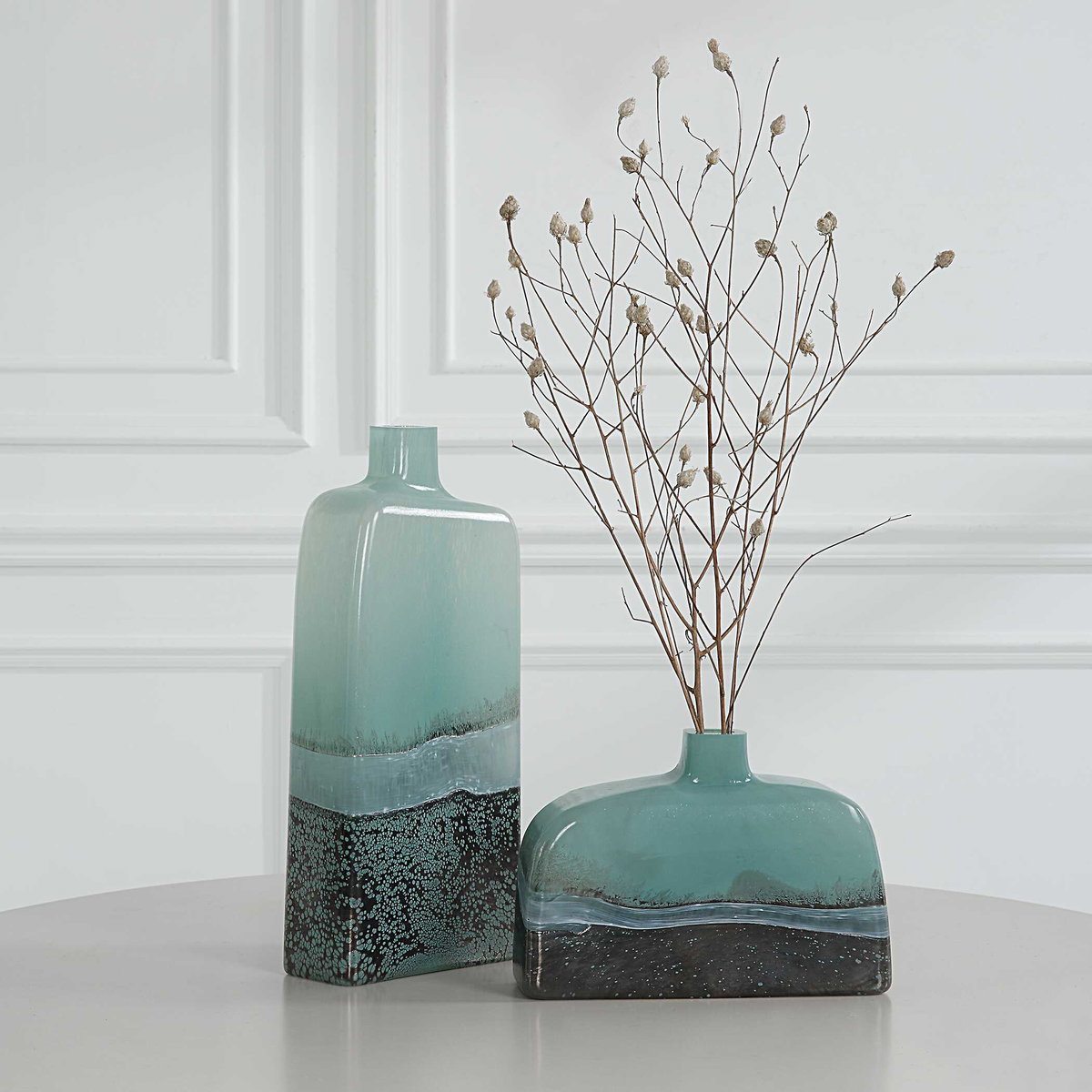 Fuze Aqua & Bronze Vases Set Of 2, Decorative by Uttermost, 6" width x 14.25" height x 3" depth View 3