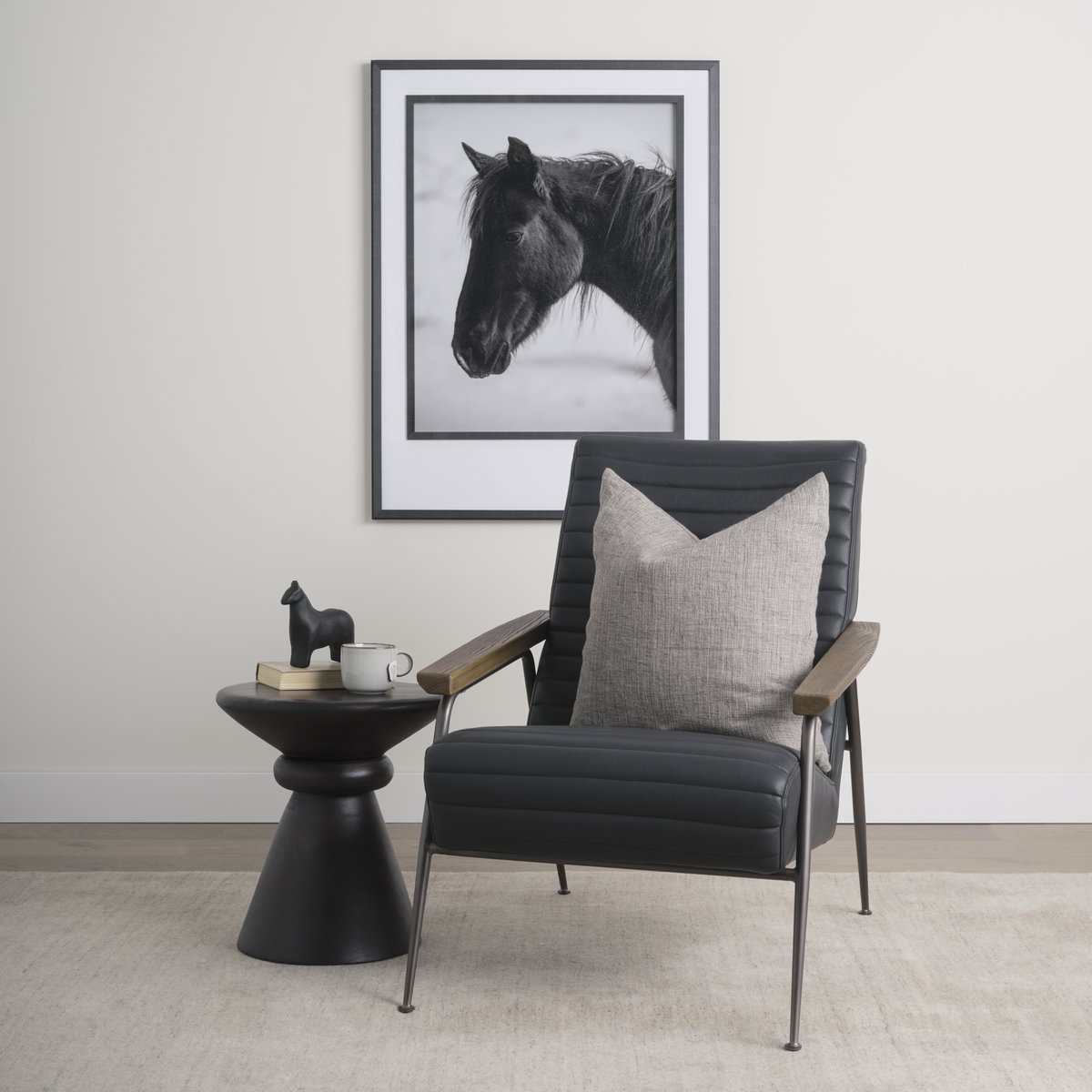 Grosjean Black Leather with Black Metal Frame Accent Chair, by Mercana, 27.56" length x 37.01" width x 34.65" height View 2