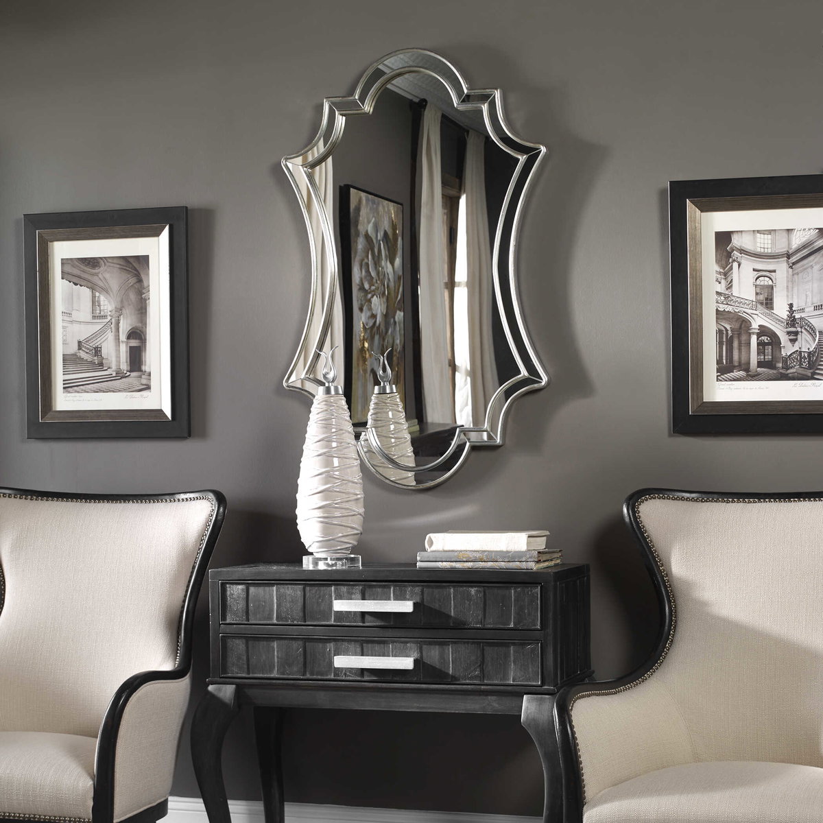 Elara Antiqued Silver Wall Mirror, by Uttermost, 27" width x 43" height x 1.12" depth View 2