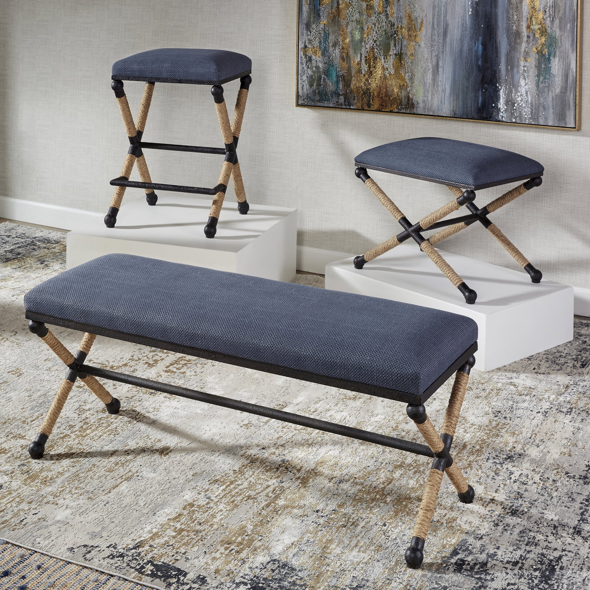 Firth Rustic Navy Bench, Benche by Uttermost, 47.75" width x 21.25" height x 16.25" depth View 9