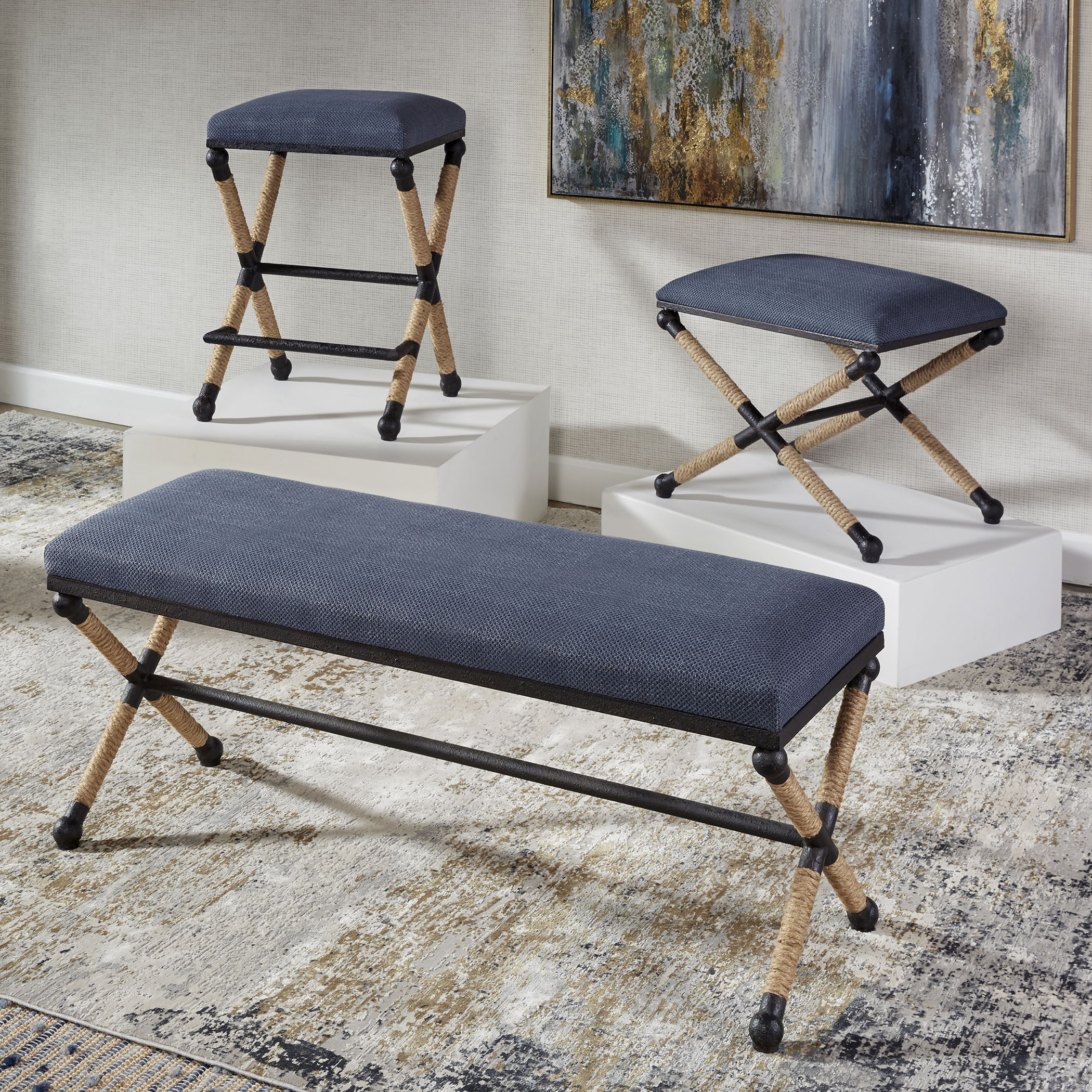 Firth Rustic Navy Bench, Furniture by Uttermost, 47.75" width x 21.25" height x 16.25" depth View 9
