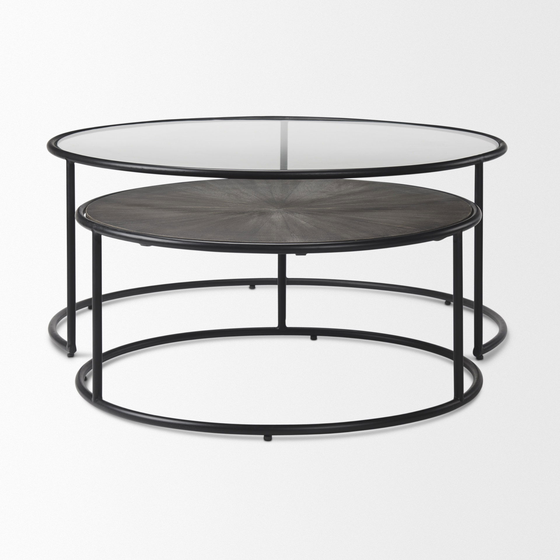 Arlo  Set of 2 Brown Wood and Glass with Black Metal Coffee Tables large image 