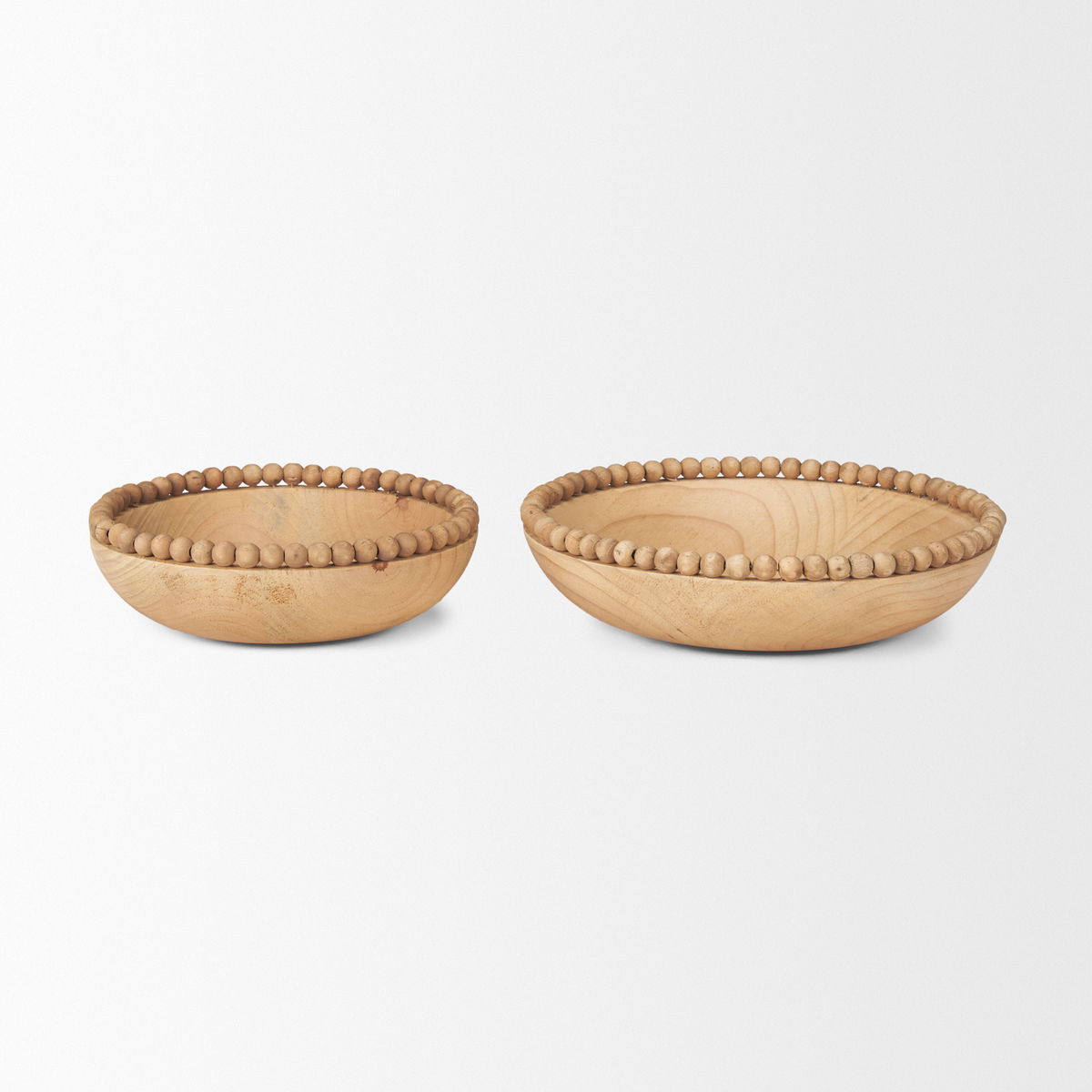 Wendell Light Brown Wood with Wood Bead Round Bowls, Decorative Bowl by Mercana, 12" length x 12" width x 3" height View 3