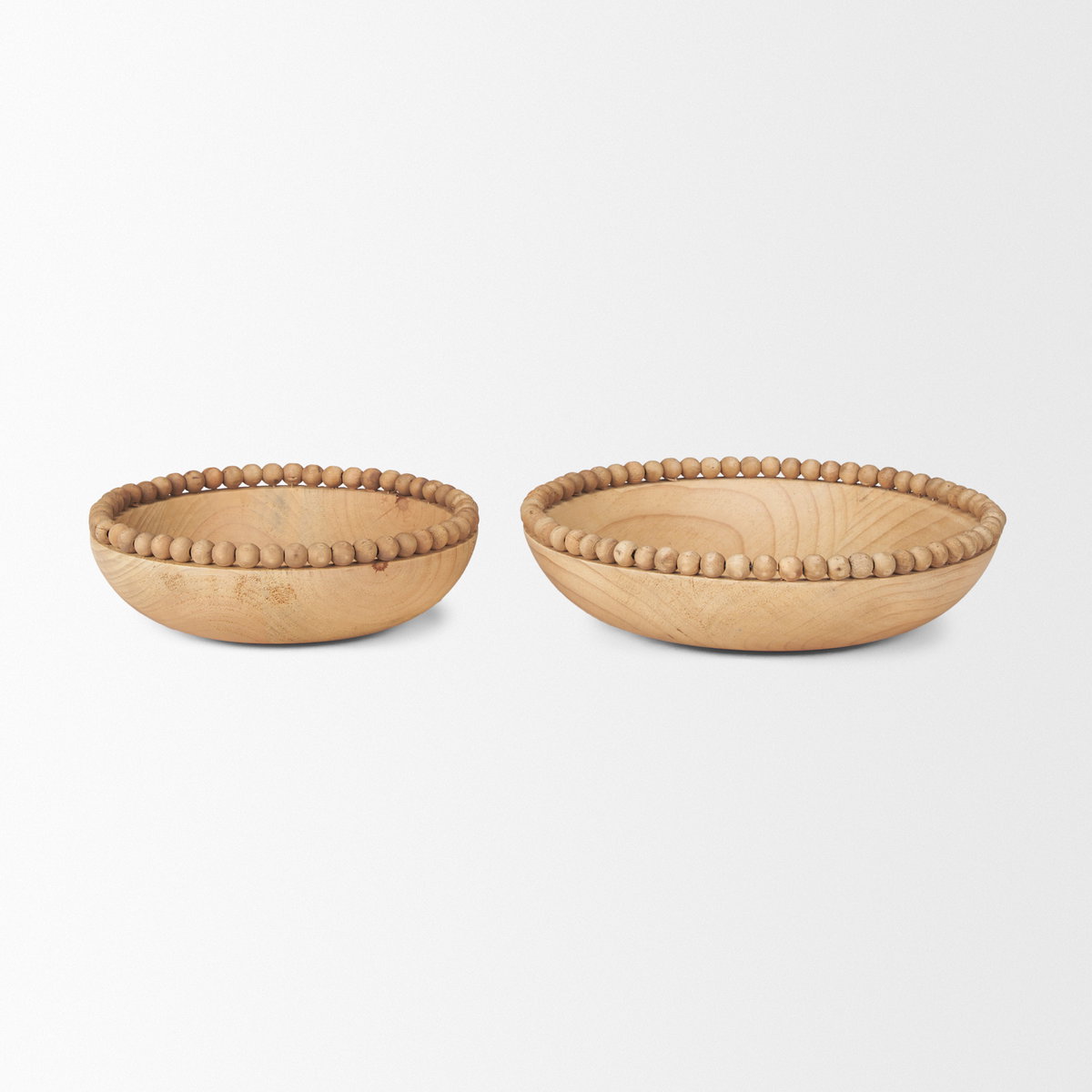 Wendell Light Brown Wood with Wood Bead Round Bowls, Decorative Bowl by Mercana, 12" length x 12" width x 3" height View 3