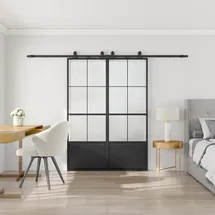 Online Designer Other 3/4 Lite Metal and Glass Double Barn Door with Installation Hardware Kit and Soft-close