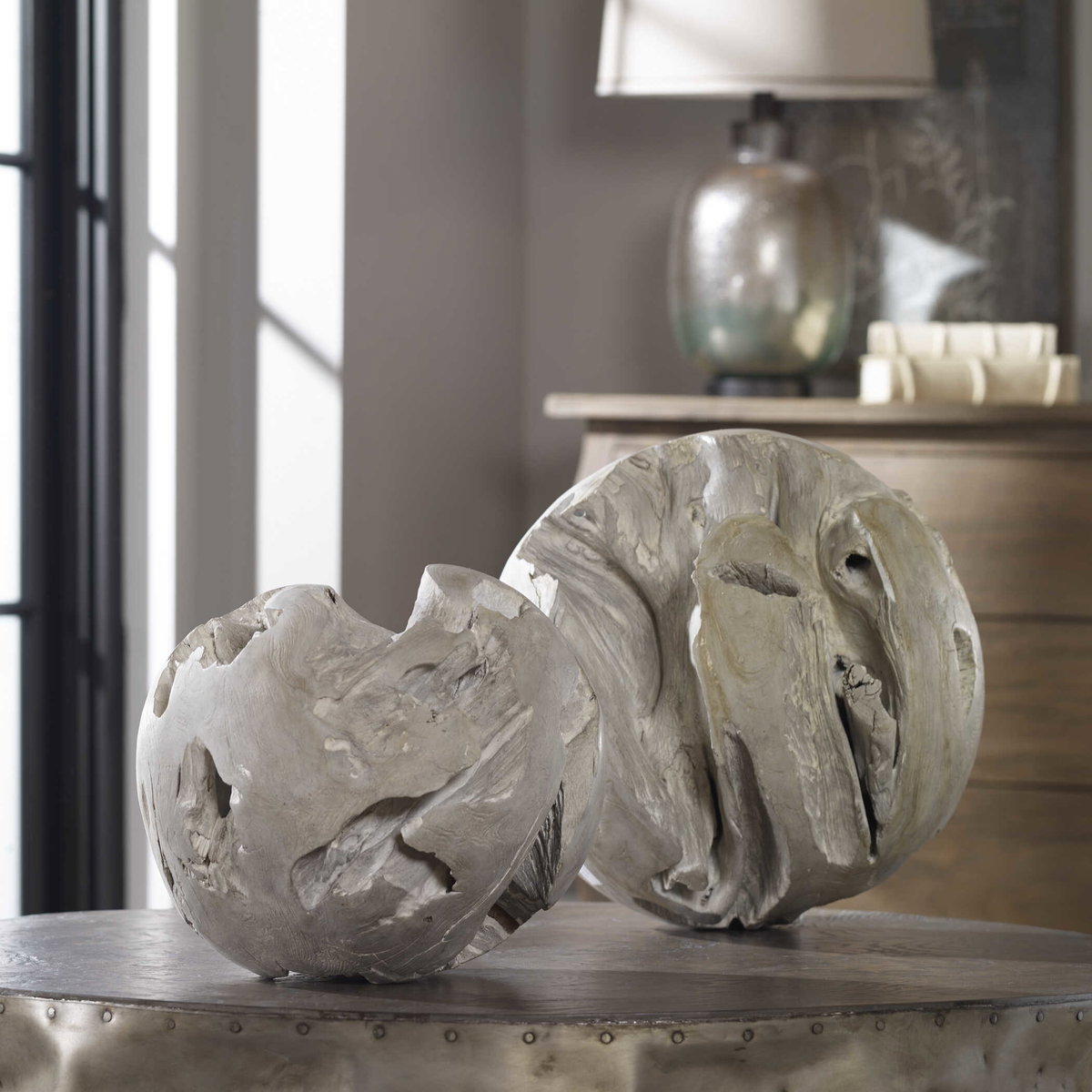 Ermanno Teak Balls Set/2, Tabletop Decor by Uttermost, 16" width x 16" height x 16" depth View 2