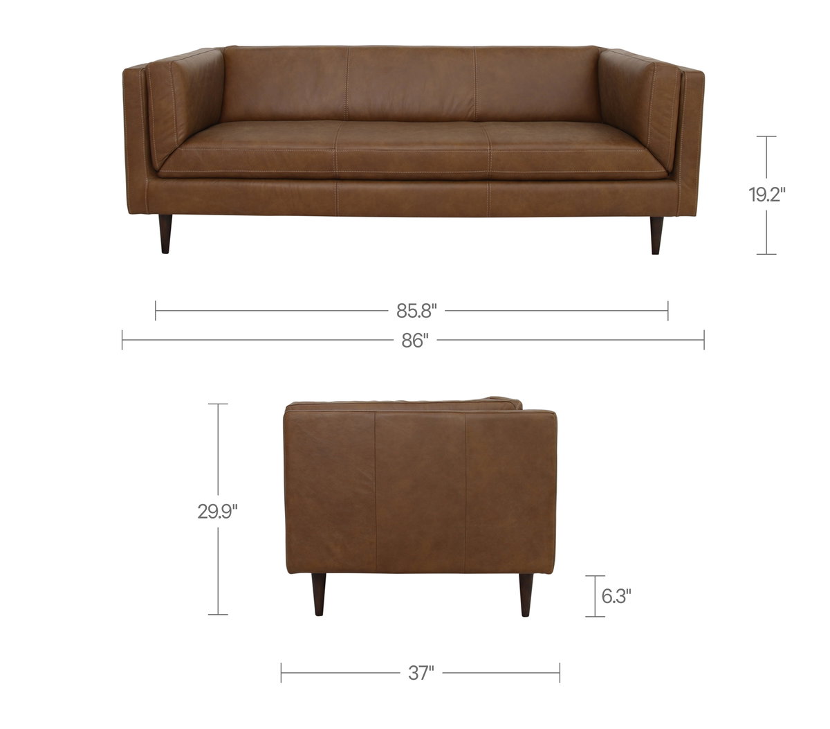 Woods Sofa Brown Leather, Sofas & Sectional by Moe's Home, 86" width x 29.9" height x 37" depth View 8