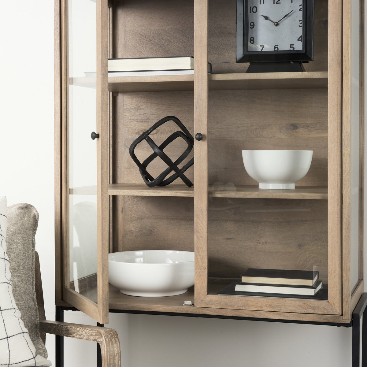Arelius 36L x 18.75W x 63H Light Brown Wood with Black Metal Base Display Cabinet, Cabinets & Sideboard by Mercana, 36" length x 18.75" width x 63" height View 4