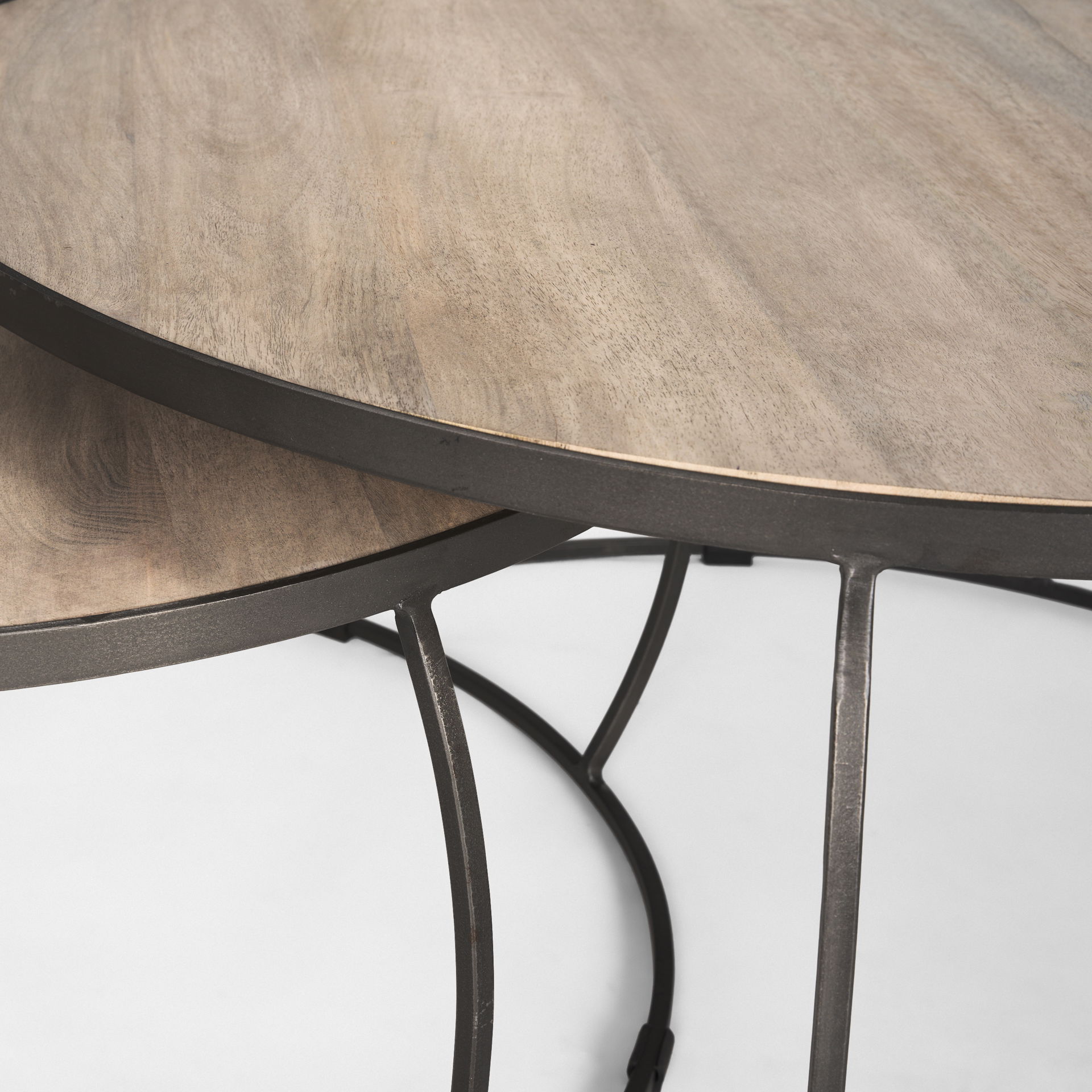 Clapp Round Light Brown with White Wash Wood and Silver Metal Nesting Coffee Tables (Set of 2), by Mercana, 44" length x 44" width x 20" height View 7