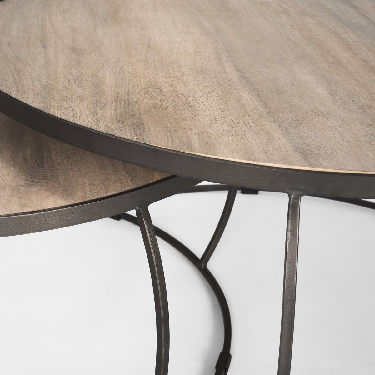 Clapp Round Light Brown with White Wash Wood and Silver Metal Nesting Coffee Tables (Set of 2), by Mercana, 44" length x 44" width x 20" height View 7