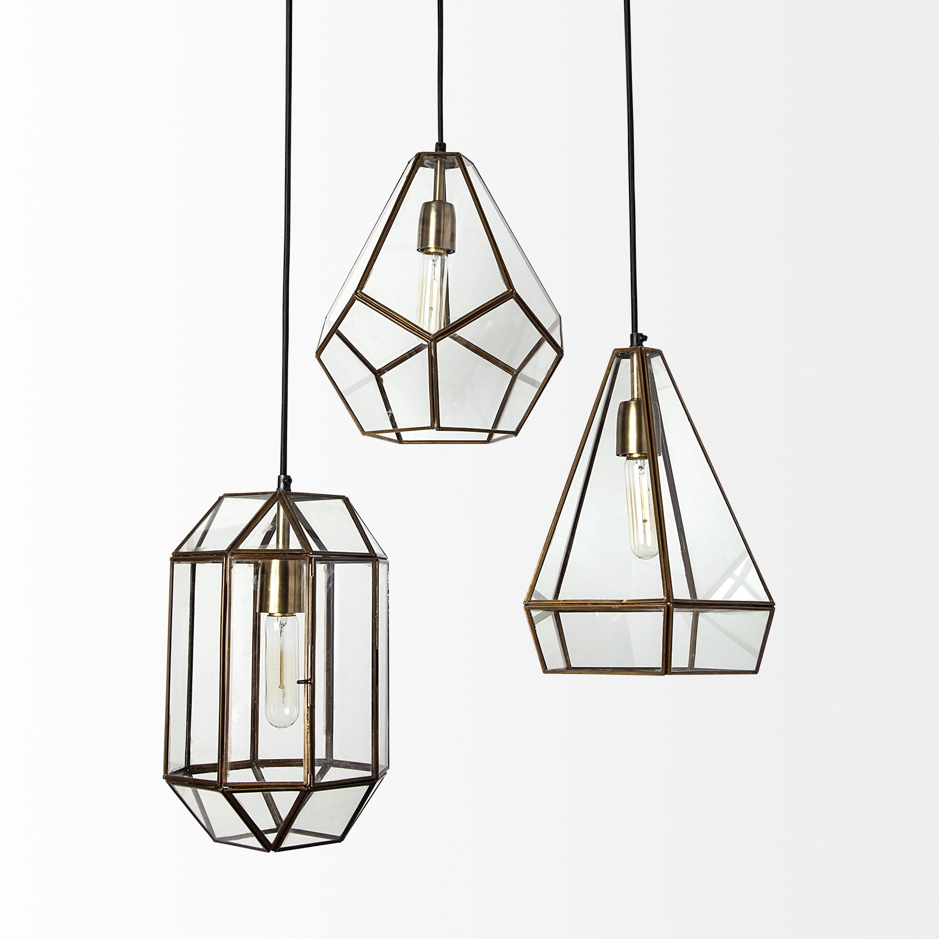 Prima 9.5x12.5 Gold Metal and Glass Pyramid Pendant Light, by Mercana, 9.5" length x 9.5" width x 12.5" height View 6