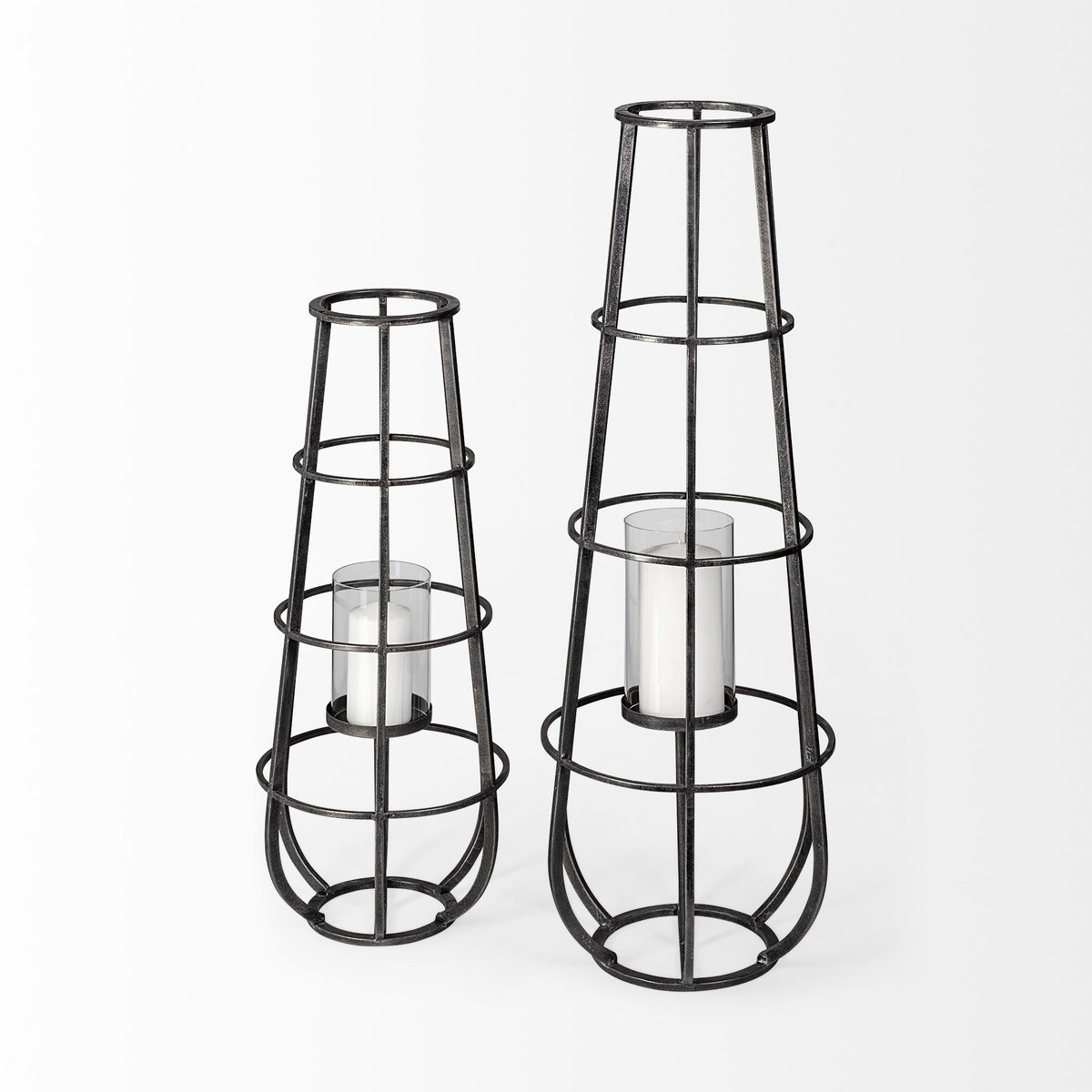 Bella Small Black Metal Cylindrical Cage Candle Holder Lantern, Lighting by Mercana, 12.2" length x 11.81" width x 30.12" height View 3