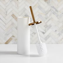 Online Designer Bathroom Modern Resin Stone Toilet Brush Holder, White & Antique Brass