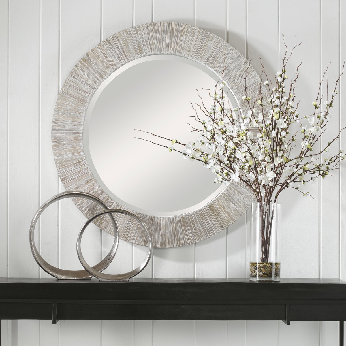 Repose Whitewash Round Mirror, by Uttermost, 3' width x 3' height x 1.3" depth View 2