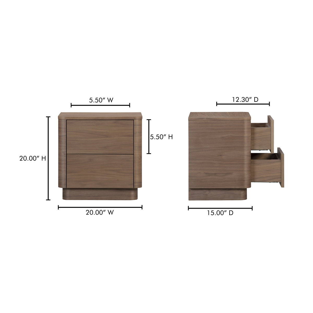 Round Off Tall Nightstand Walnut Brown, by Moe's Home, 20" width x 20" height x 15" depth View 11