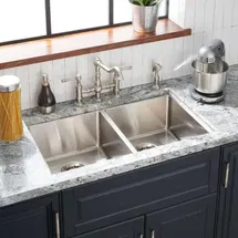 Online Designer Kitchen Ortega 33" Drop In / Undermount 50/50 Double Basin Stainless Steel Kitchen Sink with 4 Faucet Holes