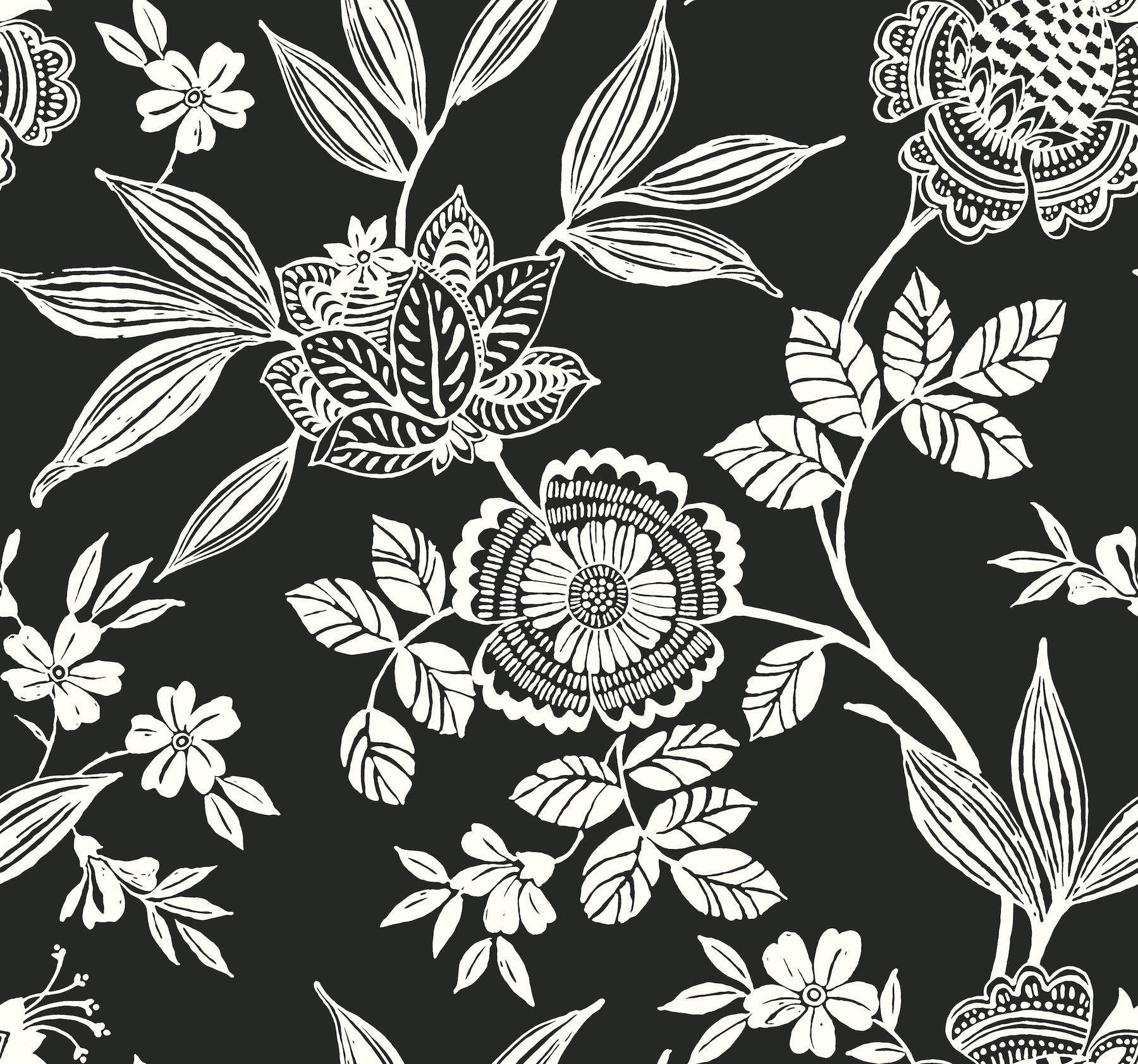 Wood Cut Jacobean Black & White Wallpaper, by York Wall, 27' length x 2'3" width x 0.02" depth View 1