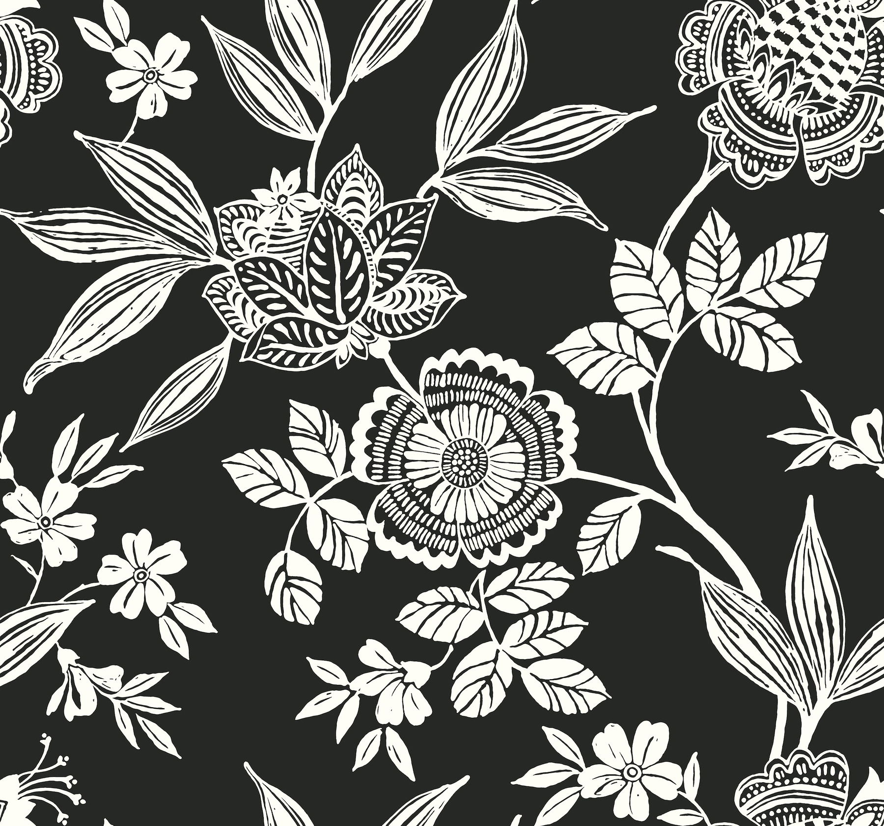 Wood Cut Jacobean Black & White Wallpaper large image 