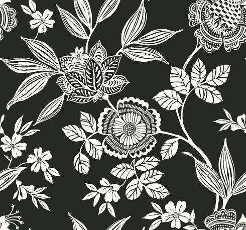 Wood Cut Jacobean Black & White Wallpaper
