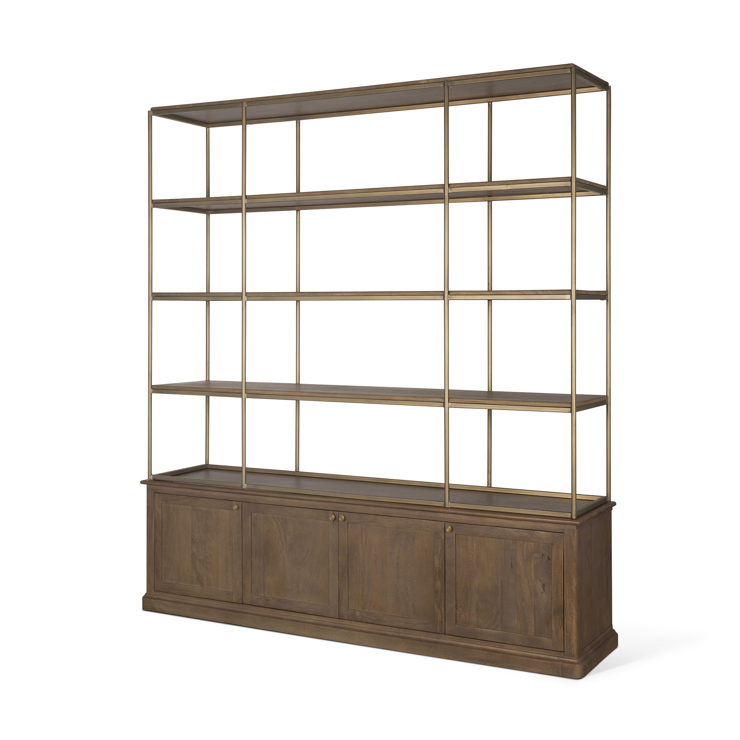 Baron 4-Door Dark Brown Wood with Antique Brass Metal Open Shelving Unit, Shelving & Bookcase by Mercana, 81.75" length x 19" width x 90" height View 1