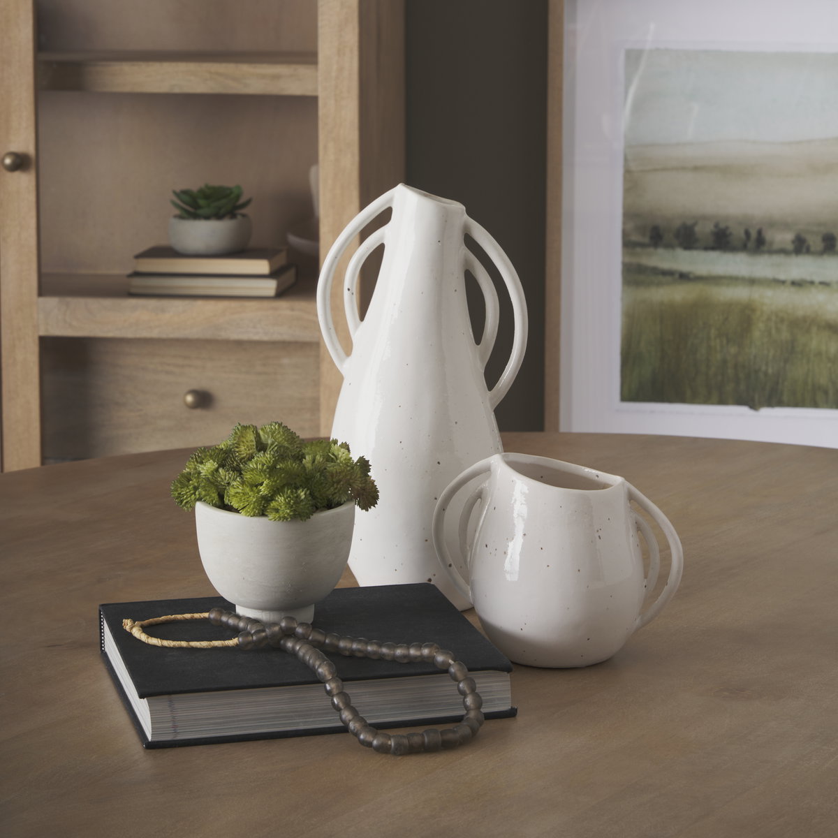 Urvi Short Off White Speckled Asymmetrical Ceramic Vase, by Mercana, 7.68" length x 5.31" width x 6.5" height View 2