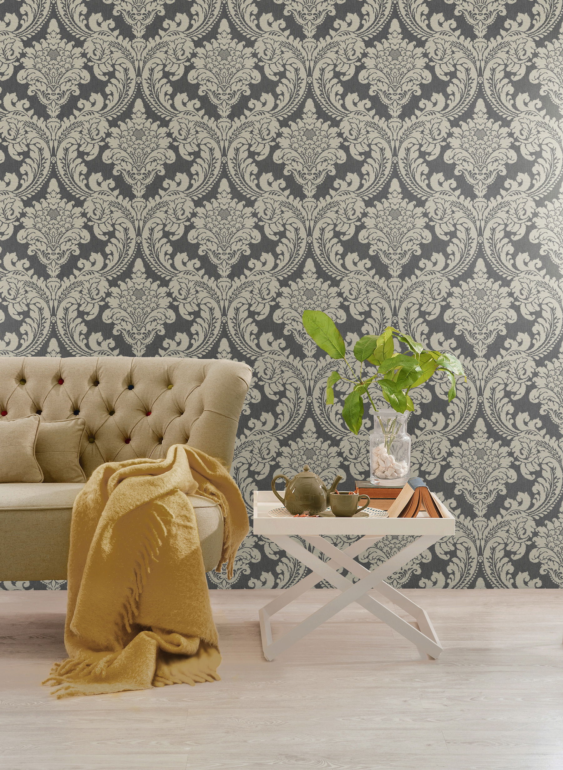 Tapestry Damask Dark Grey Wallpaper large image 