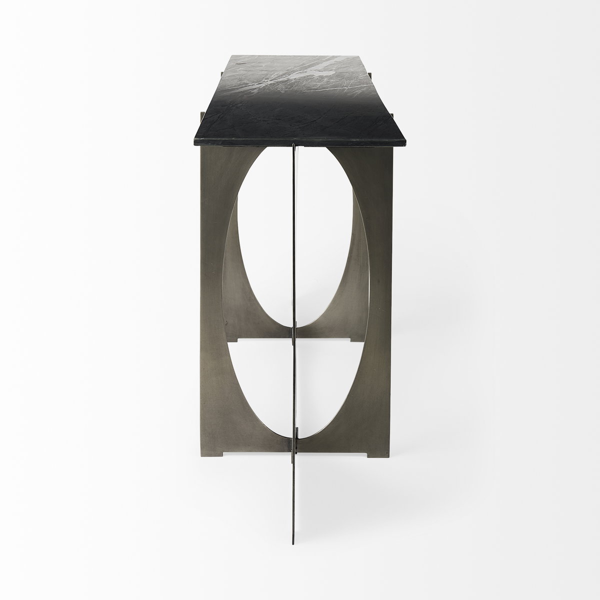 Reinhold IV Black Marble Top Iron Console Table, by Mercana, 60" length x 17" width x 31" height View 5