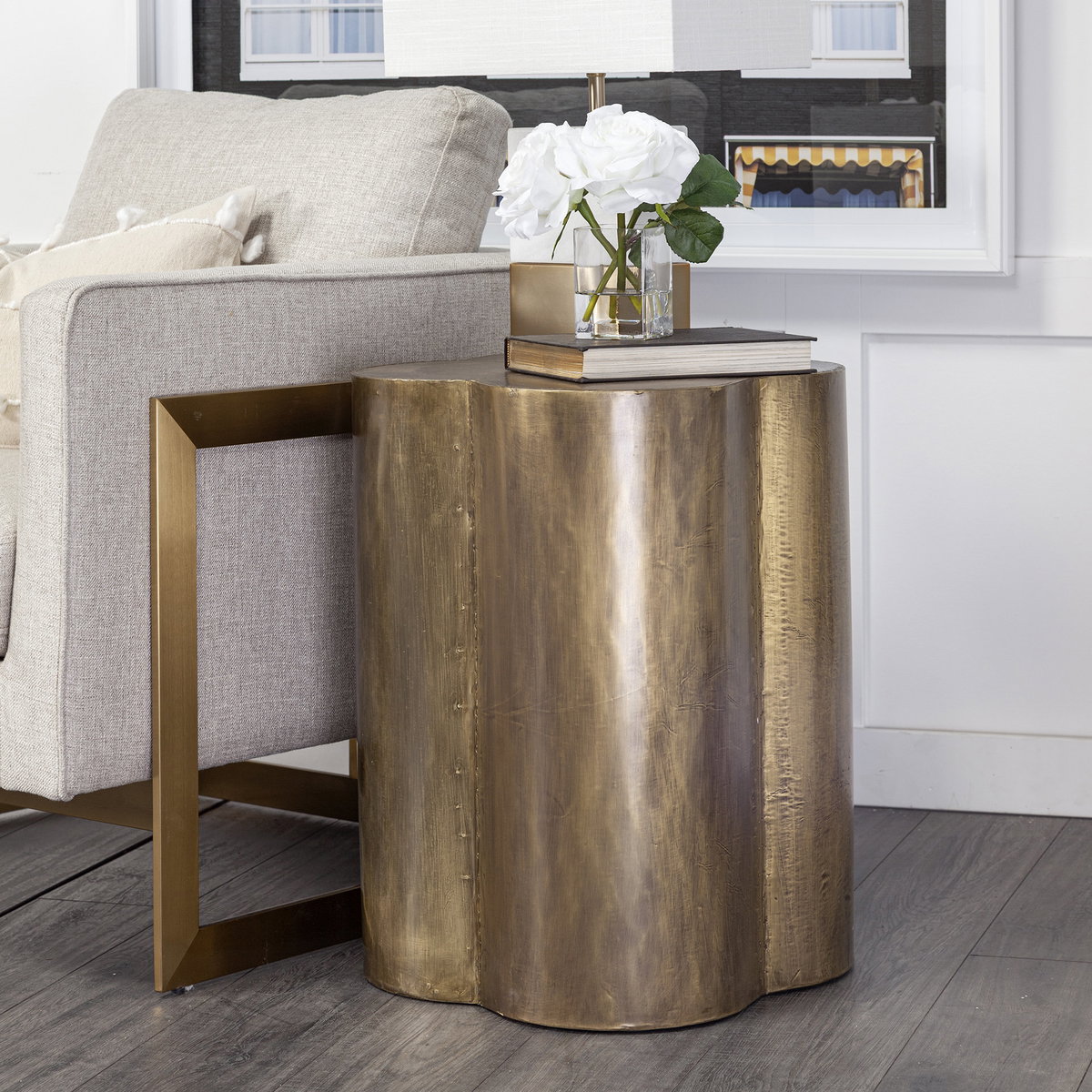 Quatrefoil 18L x 18W Gold Flower with Wooden Top Brass Cladding Accent Table, Side & End Table by Mercana, 18" length x 18" width x 22" height View 3