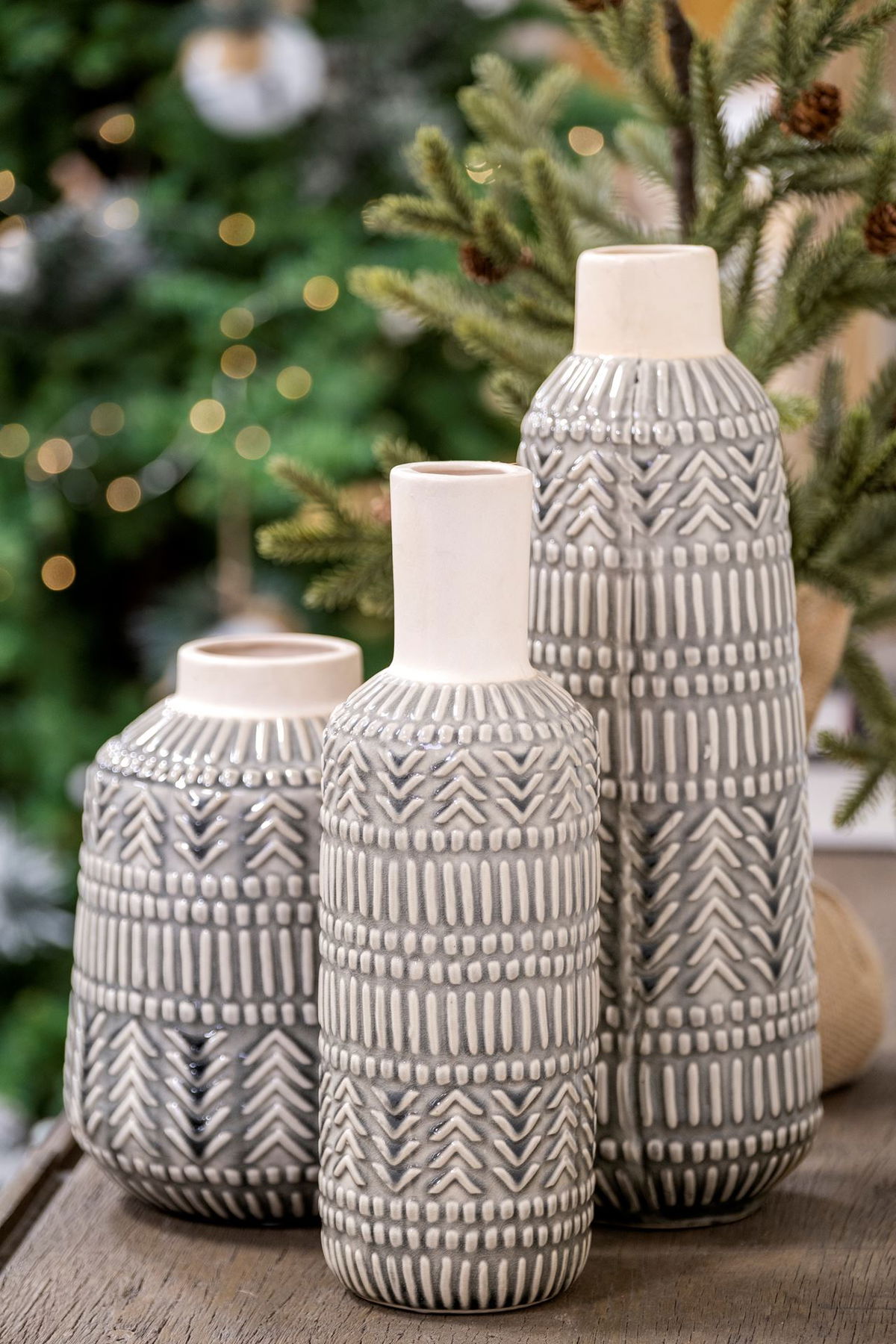 Riker III Large Dark Gray Cream Ceramic Vase, by Mercana, 5.12" length x 5.12" width x 14.17" height View 2