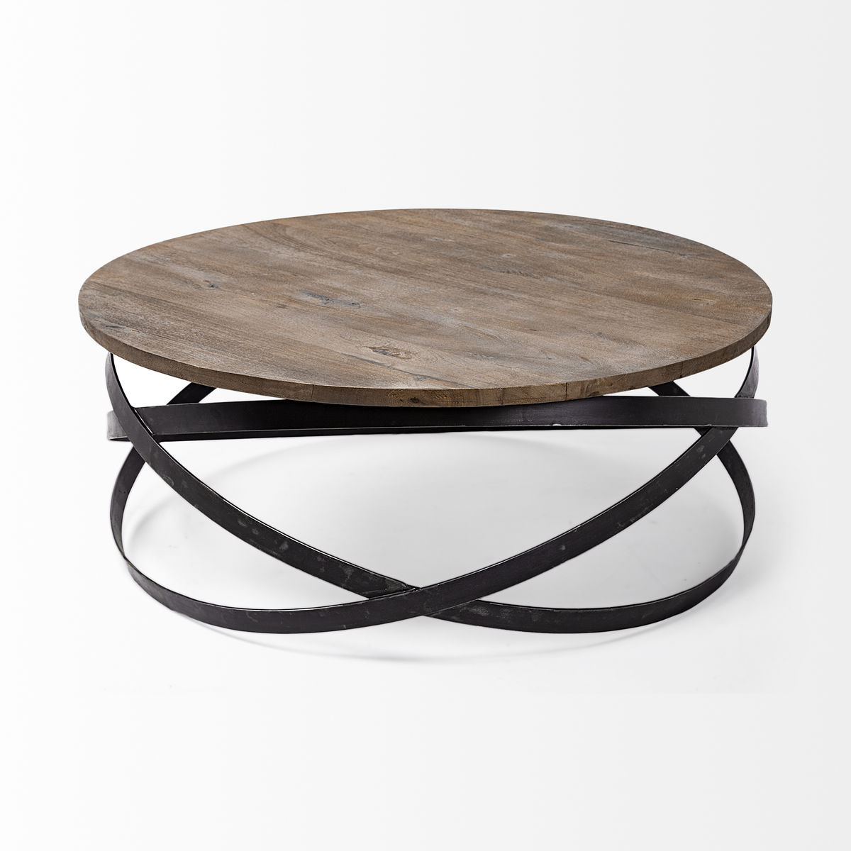 Triumph 40' Round Brown Solid Wood Top Black Metal Base Coffee Table, by Mercana, 40" length x 40" width x 16" height View 4