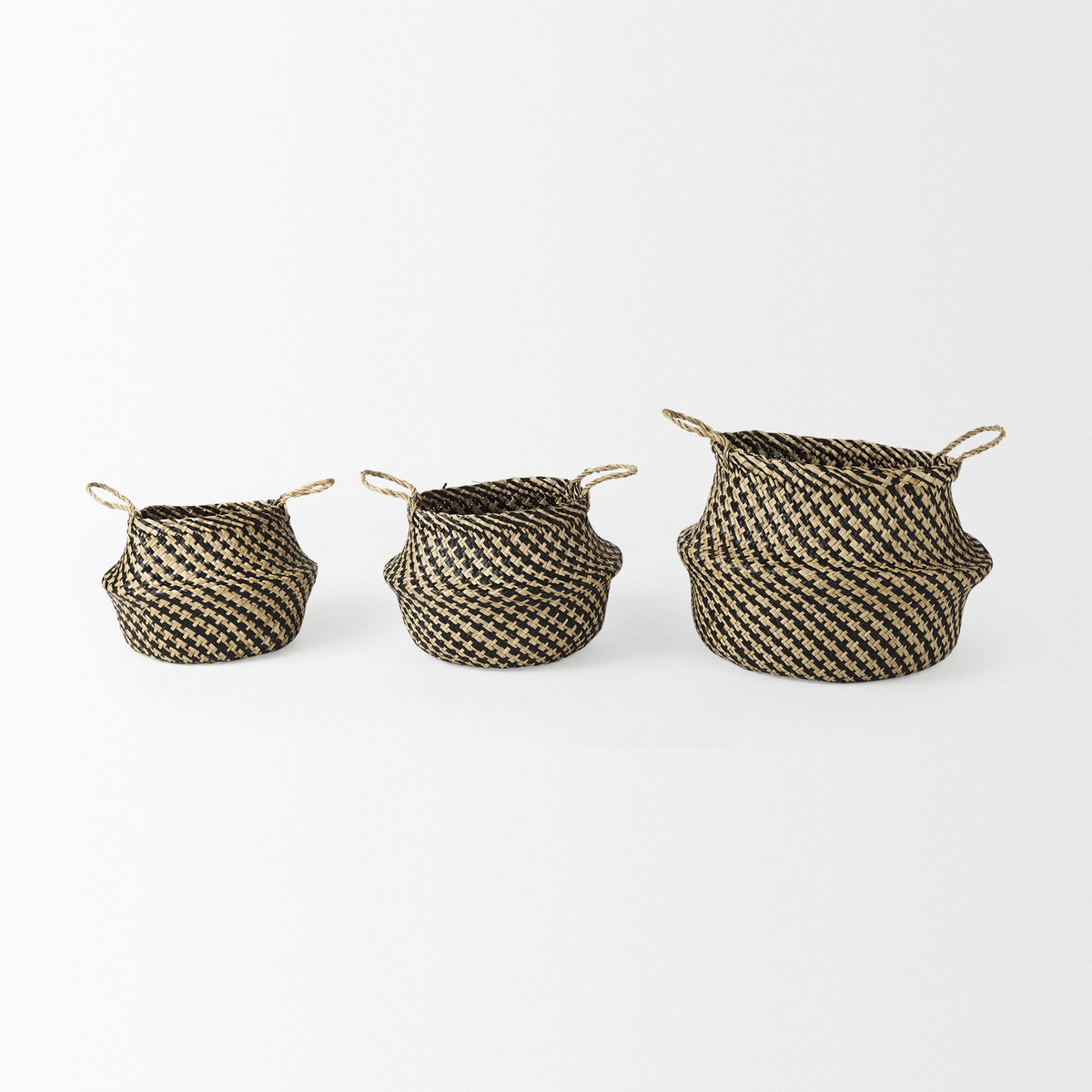 Gaia (Set of 3) Light and Dark Brown Cross Patterend Belly Seagrass Basket, Bins & Basket by Mercana, 17.72" length x 17.72" width x 20.47" height View 2