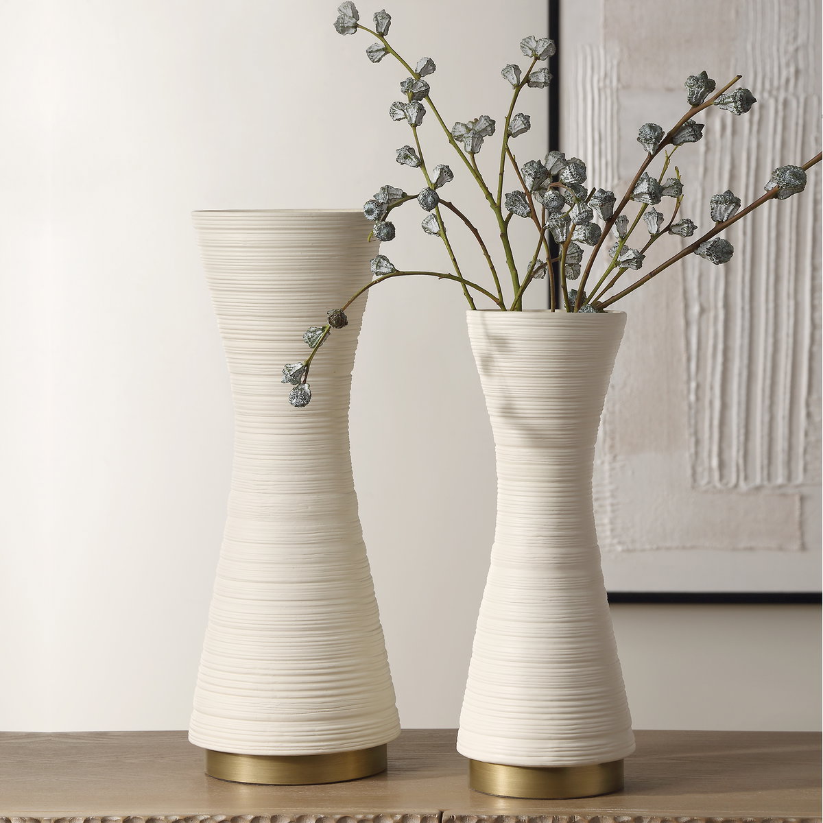Ridgeline White Vases Set/2, by Uttermost, 6.12" width x 18.25" height x 6.12" depth View 2